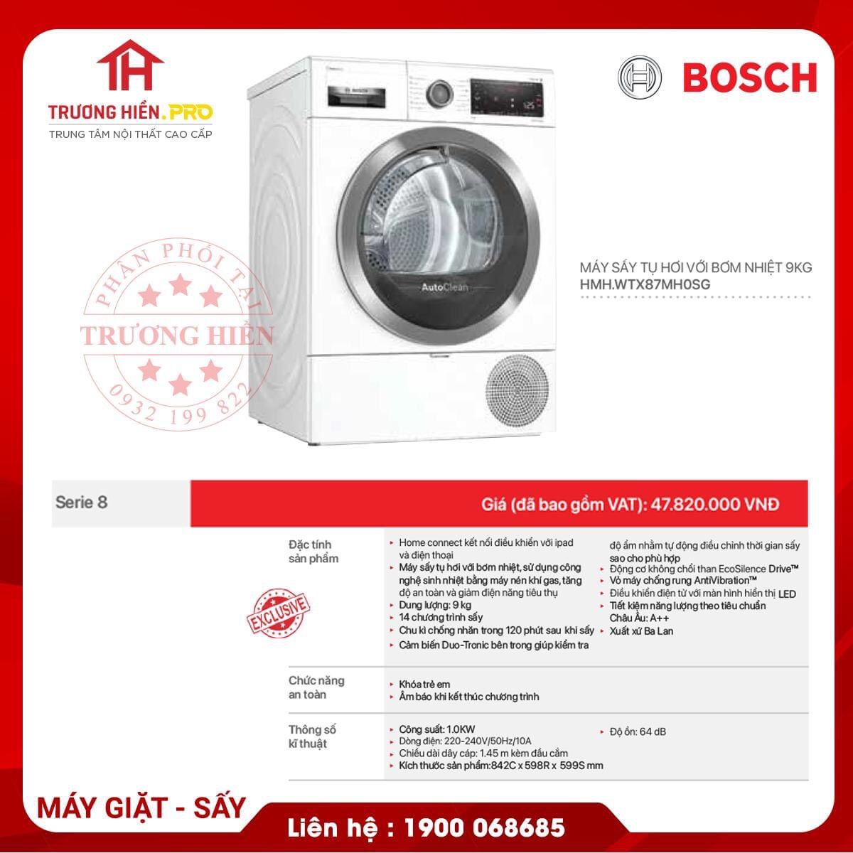 MÁY SẤY TỤ HƠI VỚI BƠM NHIỆT BOSCH WTX87MH0SG Bosch- Hàng Chính Hãng