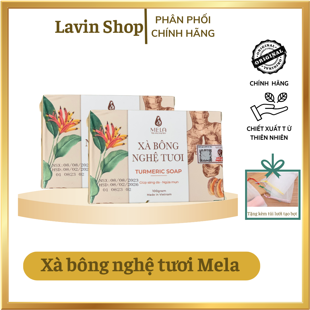 Combo 2 bánh xà bông Nghệ Mela ( tặng kèm túi lưới tạo bọt)