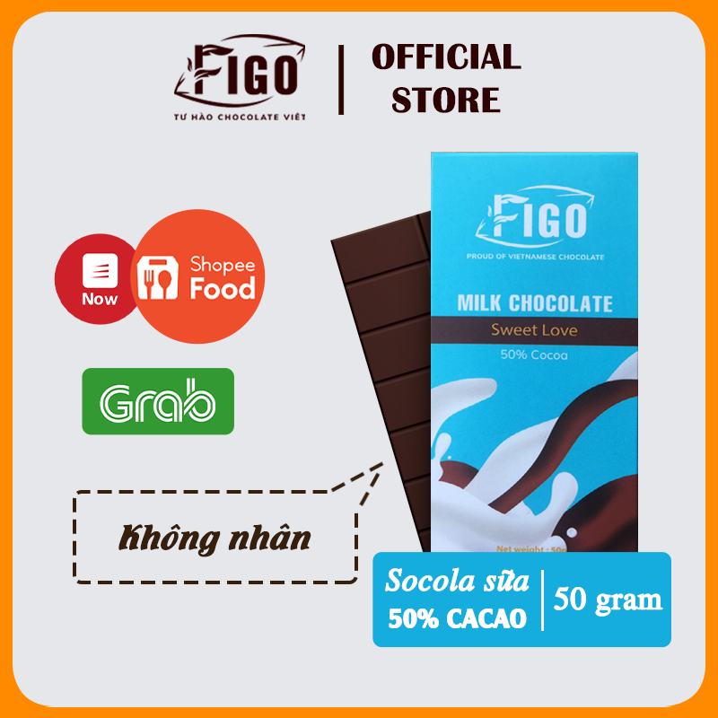 [SIÊU ƯU ĐÃI] Kẹo Socola sữa không nhân, Milk Chocolate 50% Figo thơm, ngon bổ dưỡng Bar 50gr, ĂN LÀ NGHIỀN