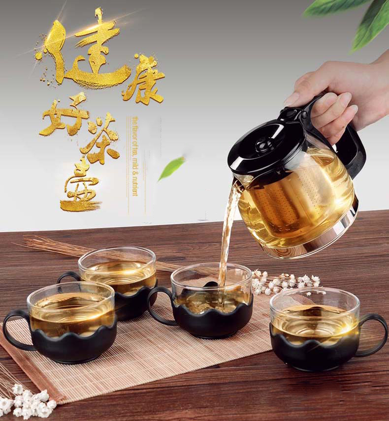 Bộ ấm pha trà thủy tinh có lưới lọc cao cấp, thủy tinh có khả năng chịu lực, chịu nhiệt, có màng ngăn, tặng kèm 4 tách trà