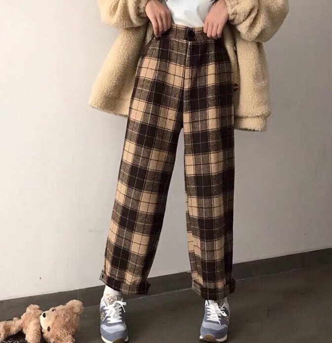 [ SIÊU RẺ ] Quần Kẻ Sọc Caro Nâu Đen Ống Rộng Suông Phong Cách Hàn Quốc d3