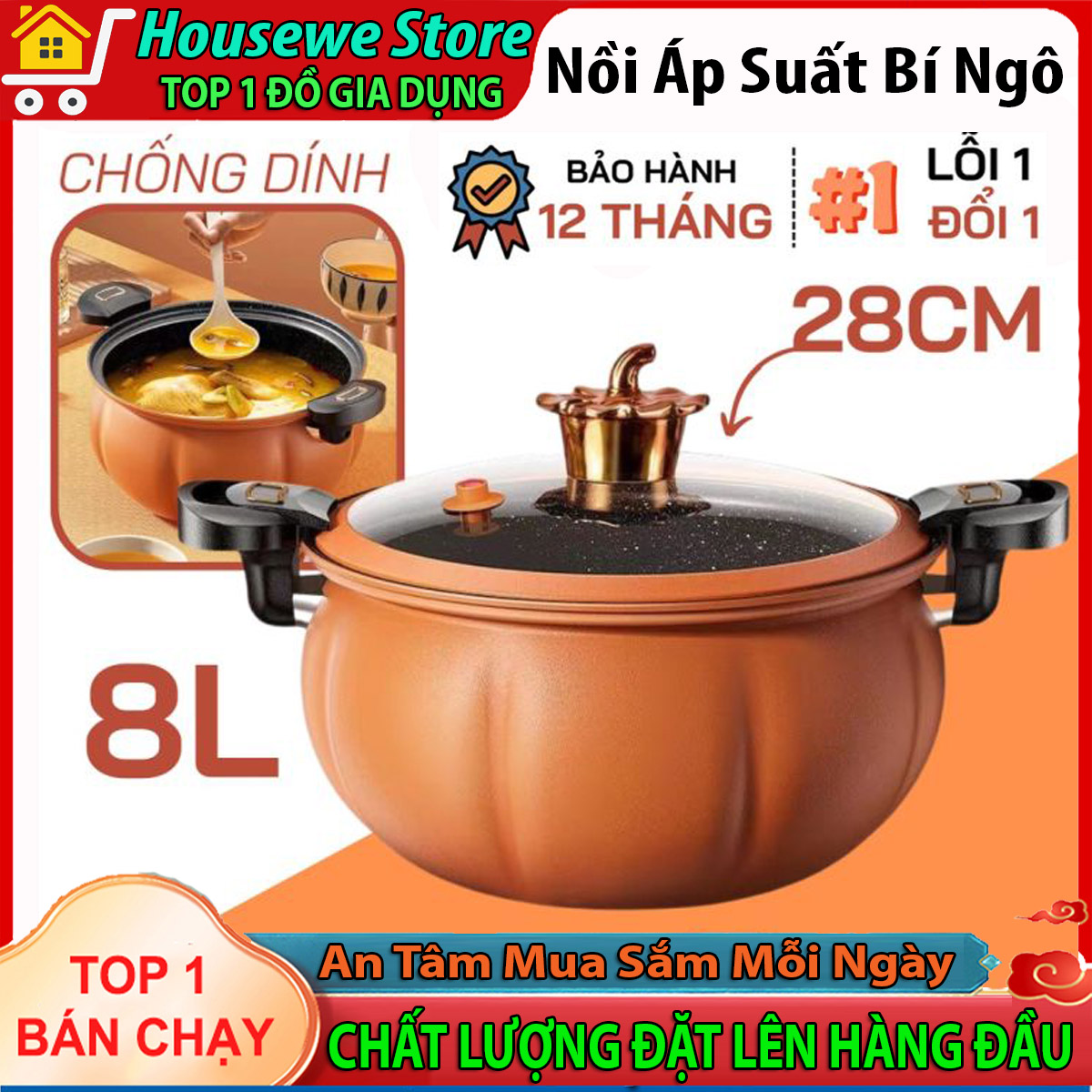 Nồi áp suất bí ngô 8 lít, Hầm gà, Cháo, Nồi Chiên, Xào Nấu - Nồi áp suất chống dính đa năng, dùng cho bếp ga, bếp từ, mọi loại bếp
