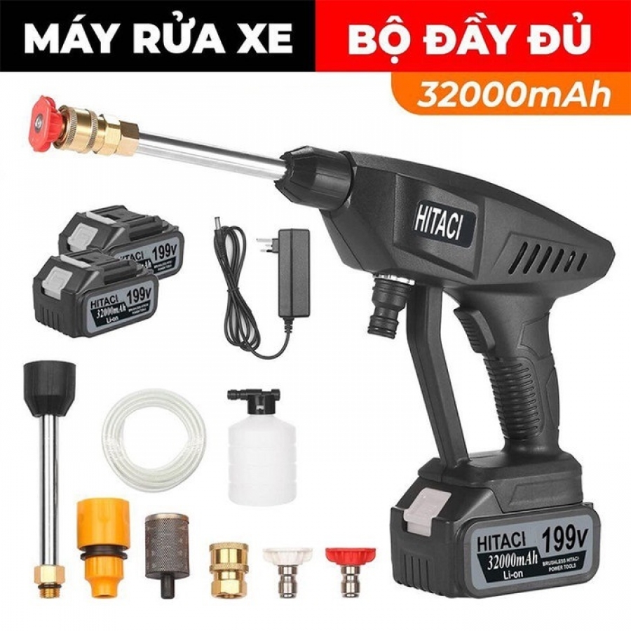 Máy rửa xe dùng pin Hitachi 199v áp lực cao - pin 10 cell vòi phun có thể điều chỉnh, máy rửa xe áp lực cao tạo bọt tuyết, máy rửa xe gia đình 3 chế độ phun, máy giặt rửa áp lực tưới hoa, rửa điều hòa.bảo hành uy tín