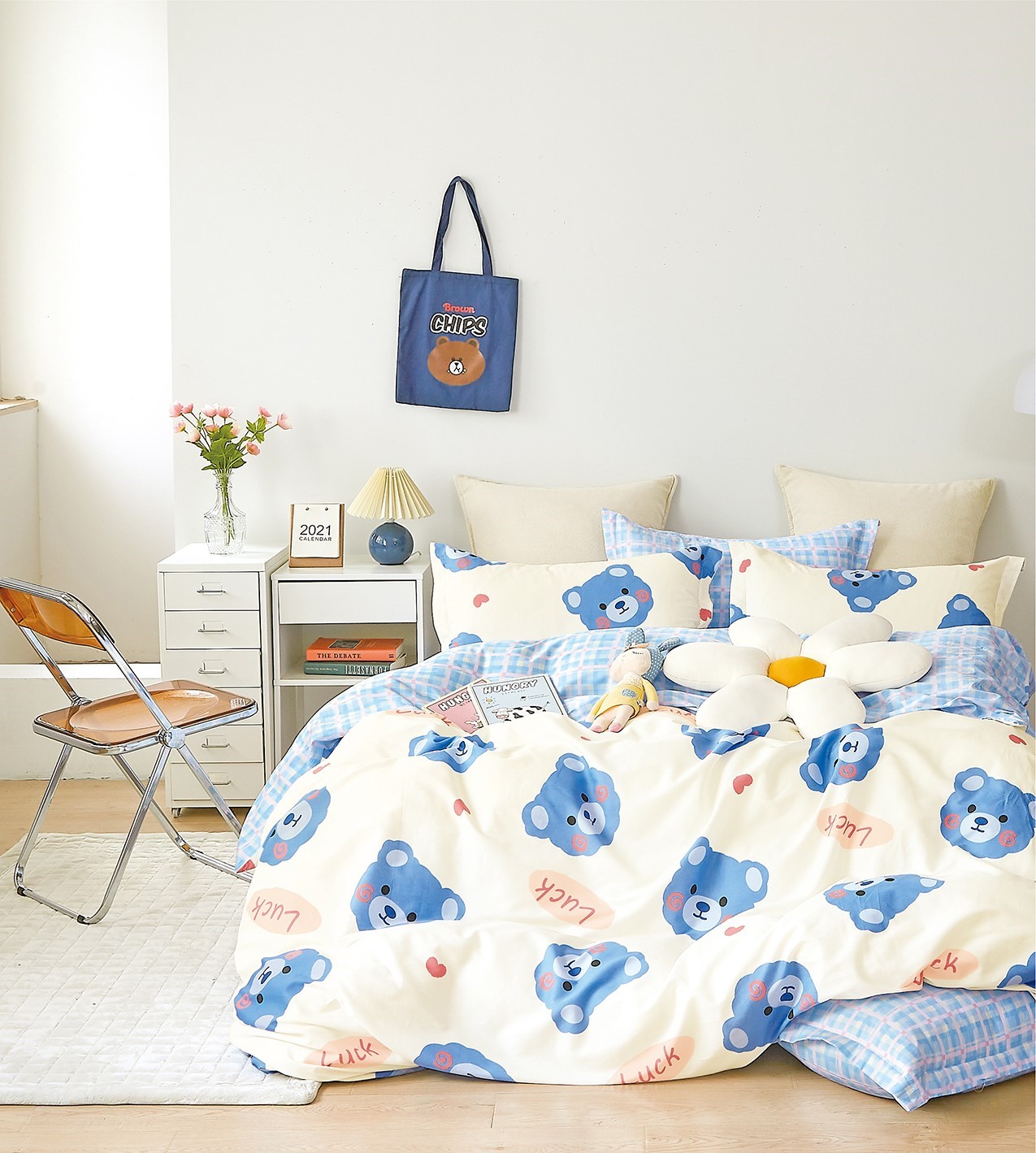 Bộ drap áo gối NIN Collins - N190069 - 100% cotton sateen (4 món) không kèm mền màu trắng con gấu dễ thương