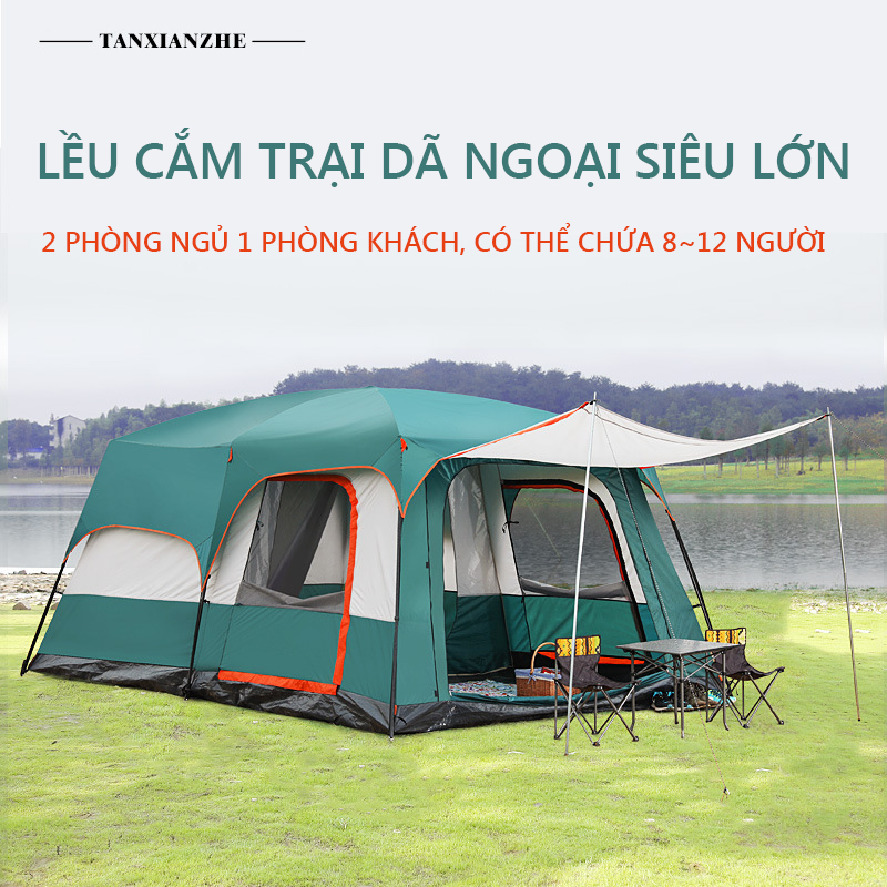 Lều cắm trại lều bạt lều vải cỡ lớn 8-10 người chống nước chống gió không gian lớn như phòng khách lều picnic cắm trại công viên，đỉnh lều, 2 cửa sổ bên, 2 cửa số sau
