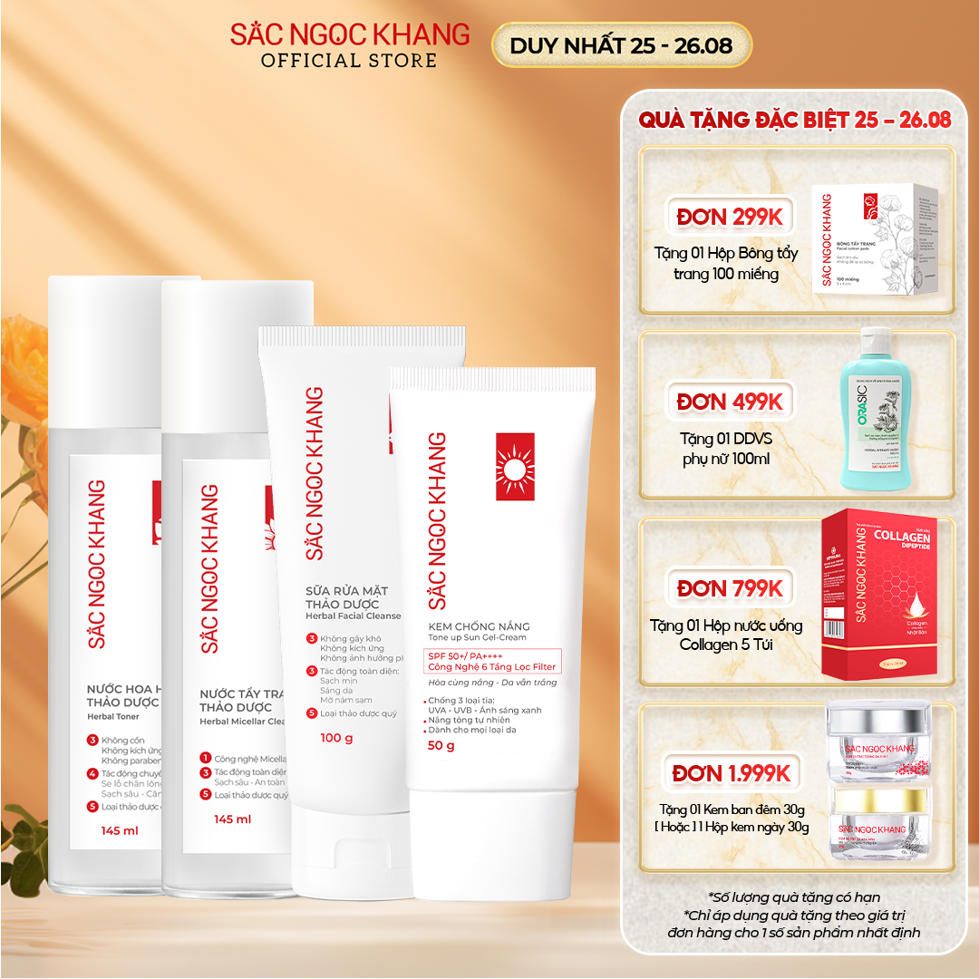 COMBO 4 món [Nước tẩy trang+ hoa hồng+ sữa rửa mặt 100g + kem chống nắng] giúp làm sạch sâu, loại bỏ dầu thừa, bã nhờn và bảo vệ da dưới ánh nắng mặt trời