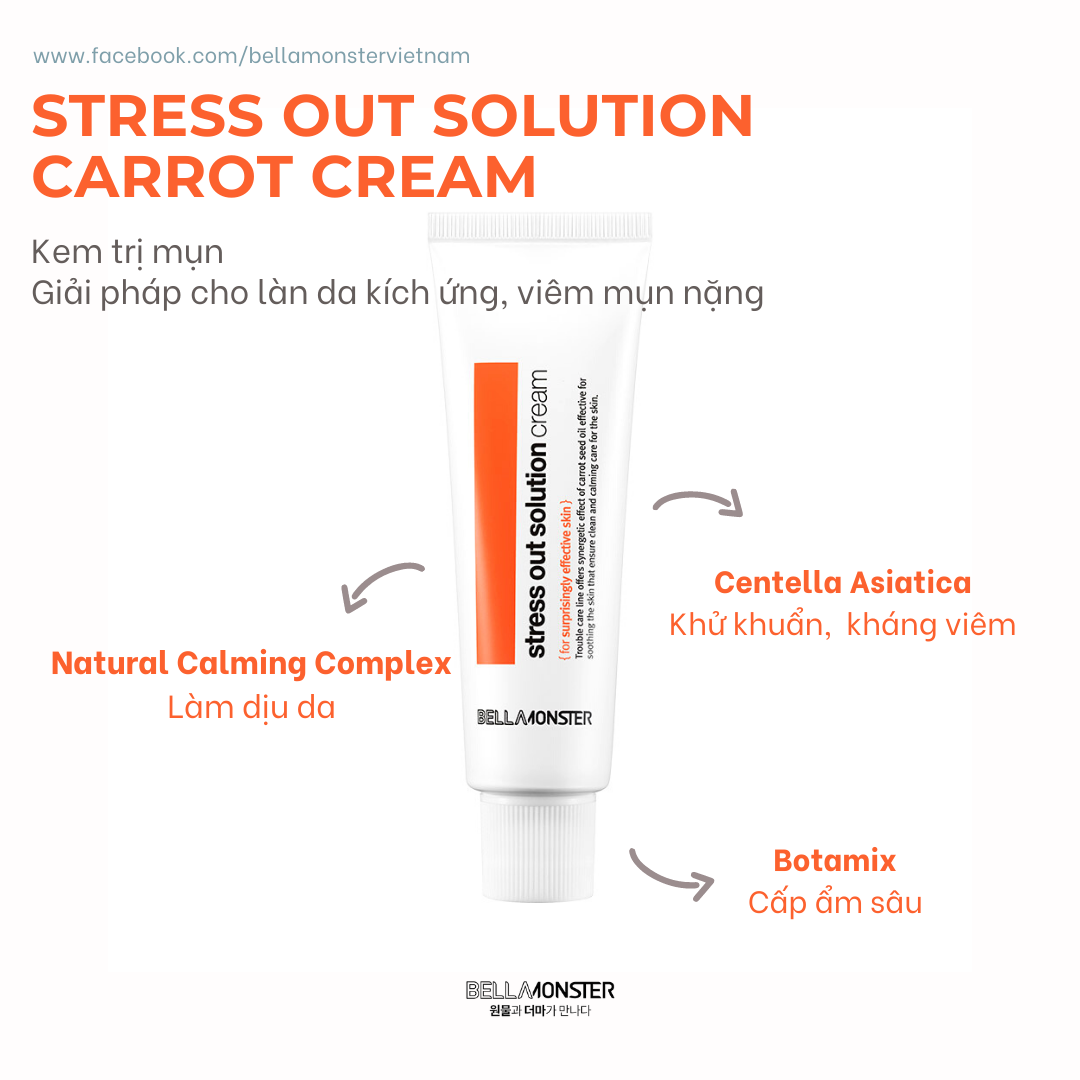 KEM DƯỠNG ẨM LÀM DỊU DA KÍCH ỨNG, LÊN MỤN, MẨN ĐỎ BELLAMONSTER STRESS OUT SOLUTION CARROT CREAM