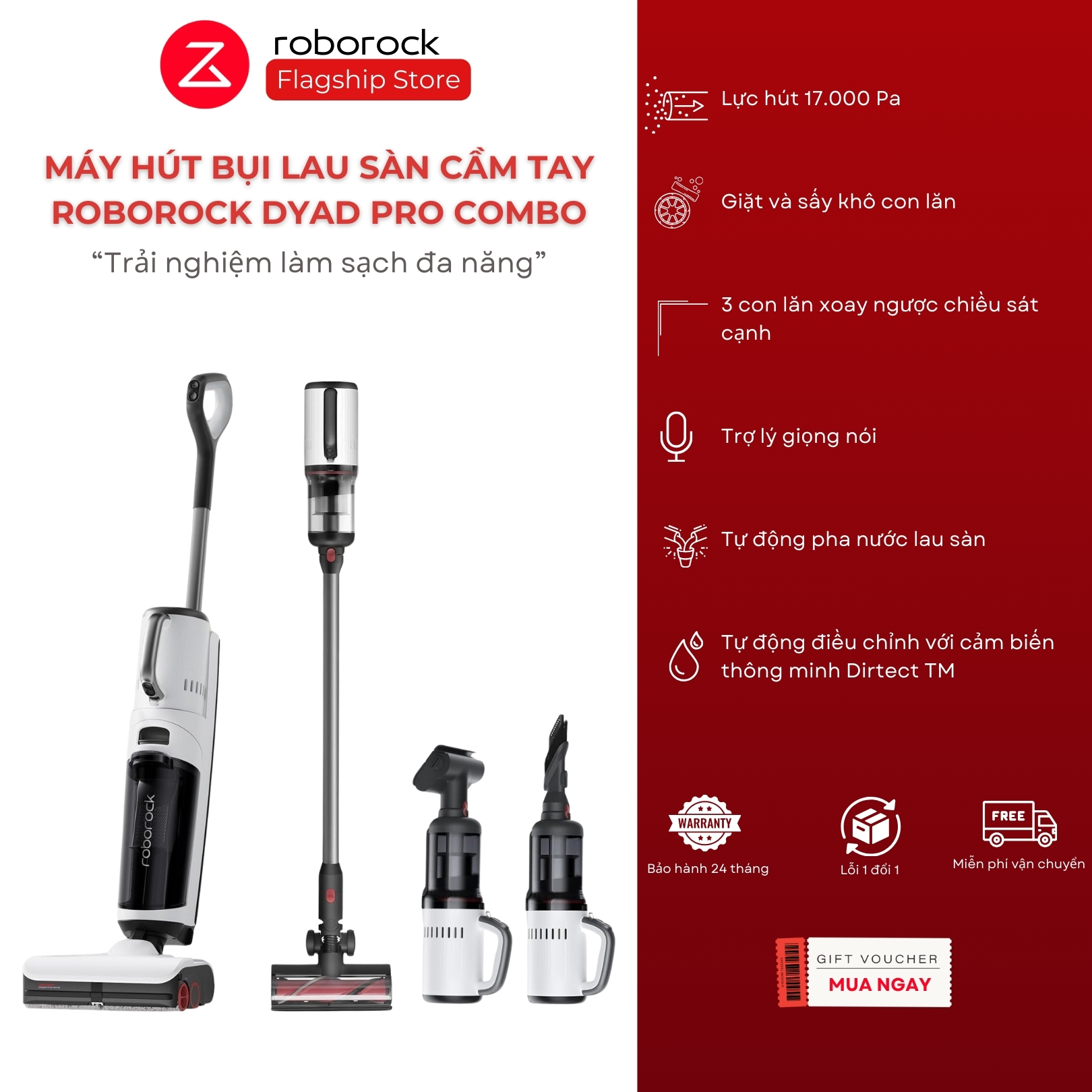 Máy lau nhà kiêm máy hút bụi cầm tay 4 trong 1 Roborock Dyad Pro Combo Lực hút 17000PA Sản phẩm bảo hành chính hãng