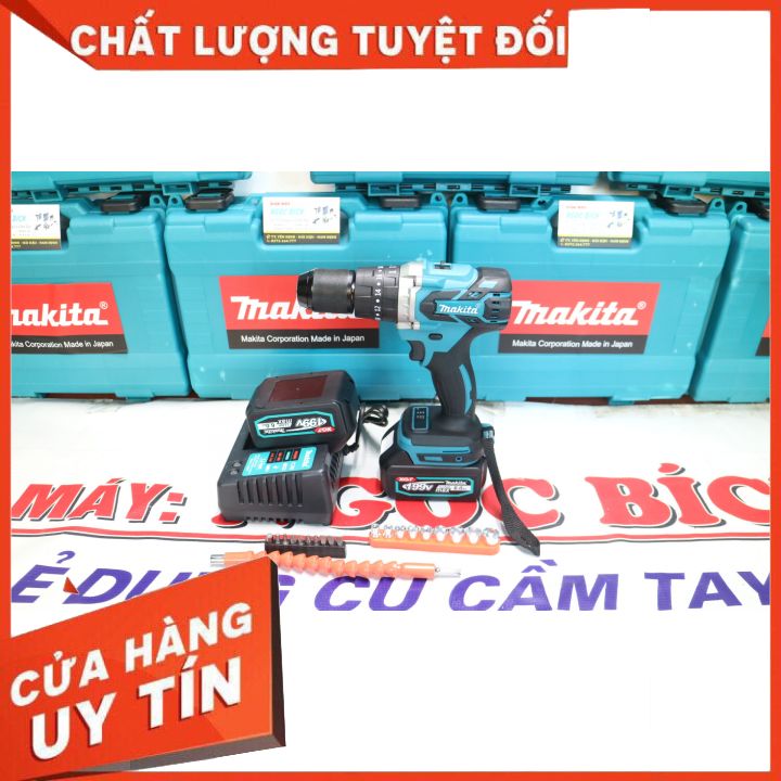 [Dòng không chổi than] Máy khoan pin Makita 199v đầu auto lock 13mm đủ phụ kiện