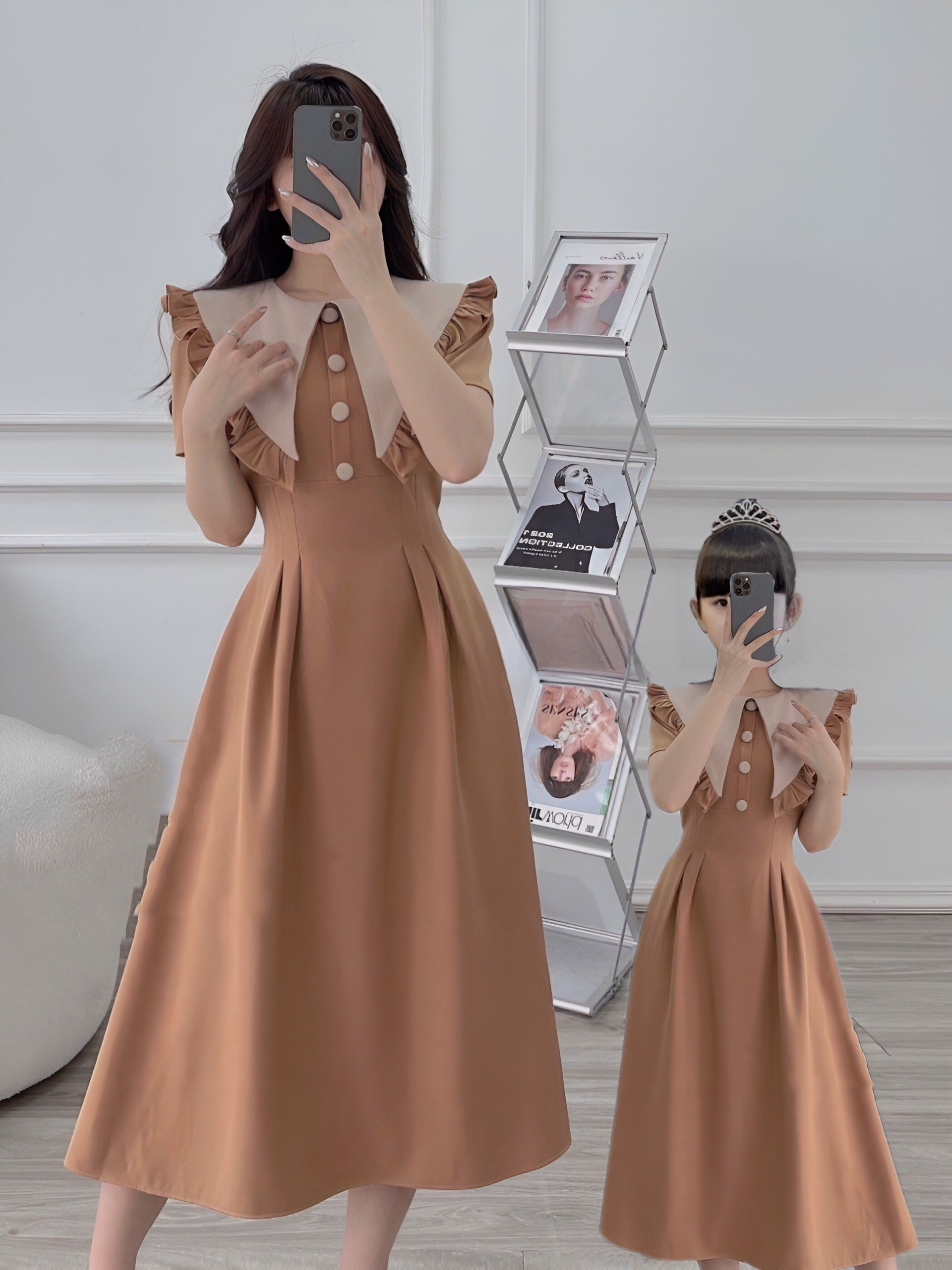 Set đầm mẹ bé fullsize màu nâu hồng