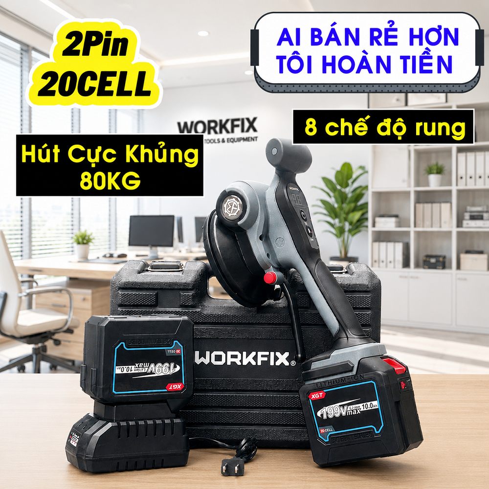Máy Rung Hít Gạch WORKFIX WF-TTM8008S Độ Rung 9000rpm, Lực Hút 80kg Điều Chỉnh 8 Tốc Độ Rung