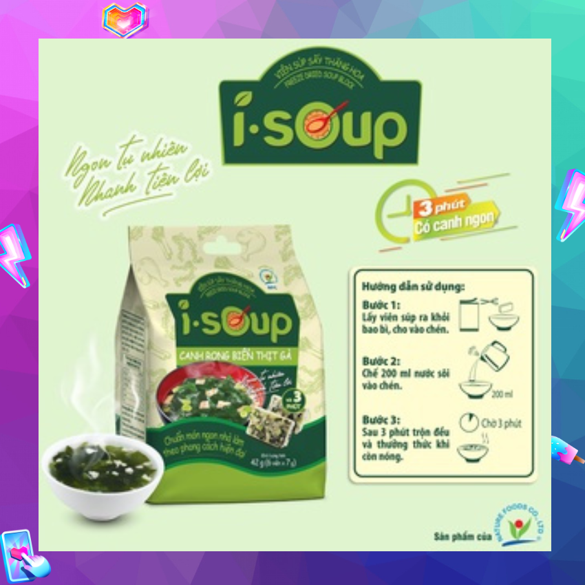 Canh rong biển thị gà ăn liền I.Soup 42g (túi 06 viên)- Viên Súp Sấy Thăng Hoa công nghệ Nhật