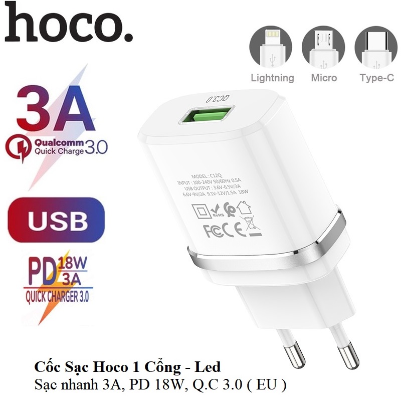 Củ Sạc Nhanh 3A HOCO C12Q DÒNG QC3.0/18W SẠC FULL IPHONE, IPAD, ANDROID