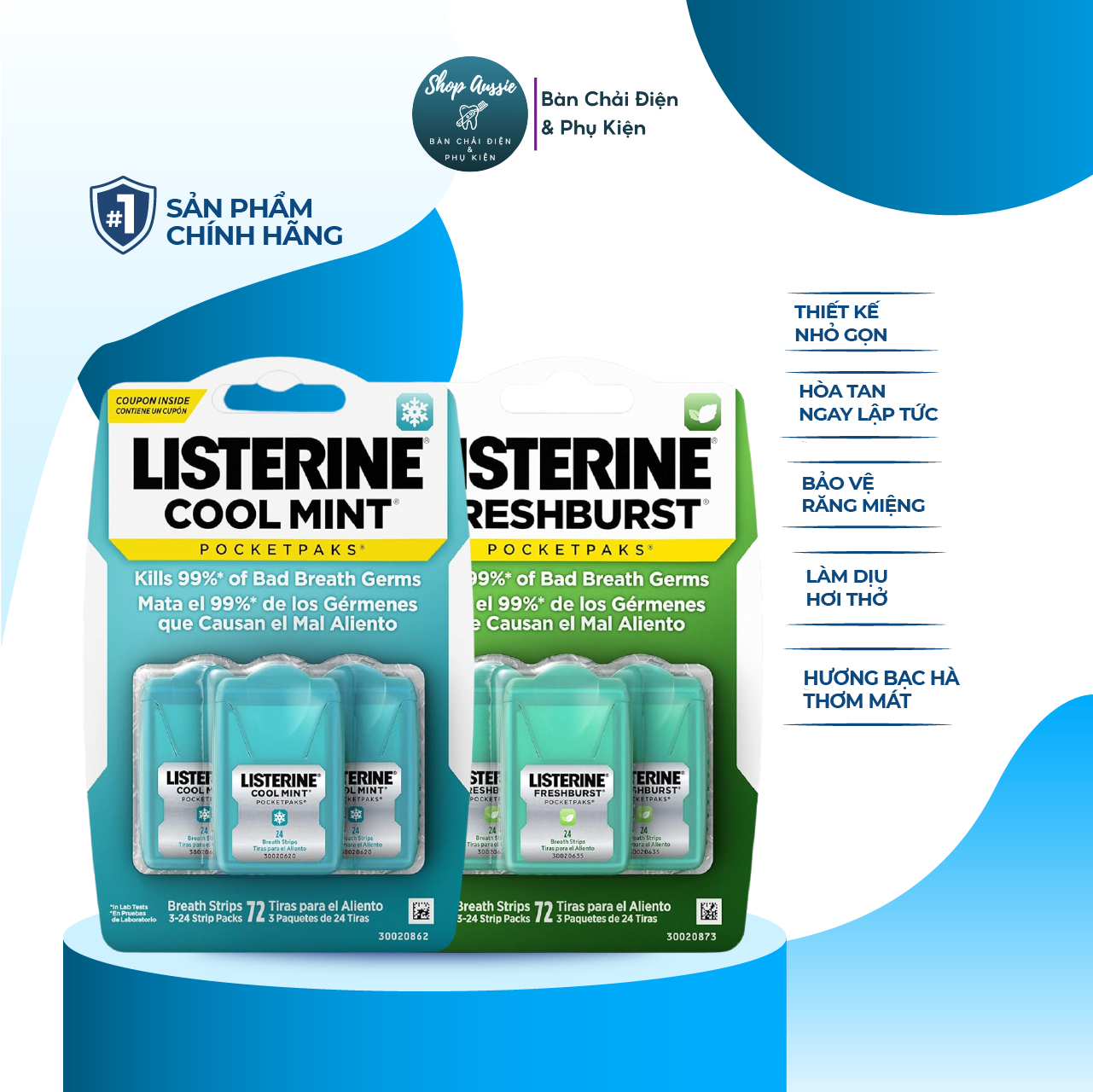 Miếng Ngậm Thơm Miệng Listerine Pocketpaks Cool Mint & Freshburst 72 miếng - Hương Bạc Hà Thơm Mát, Bảo Vệ Răng Miệng