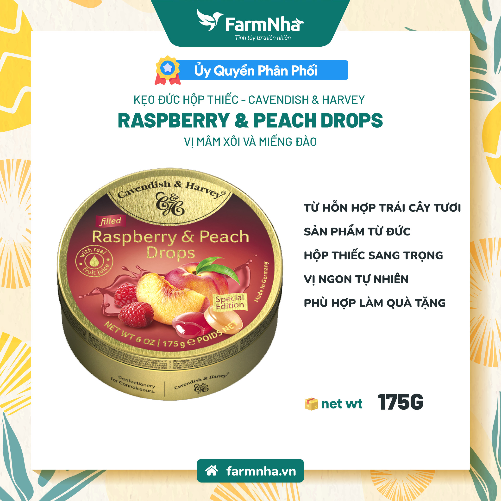Kẹo Trái Cây Cavendish & Harvey Vị Raspberry & Peach Drops - Hộp Thiếc làm quà tặng sang trọng, Chính Hãng nhập khẩu từ Đức
