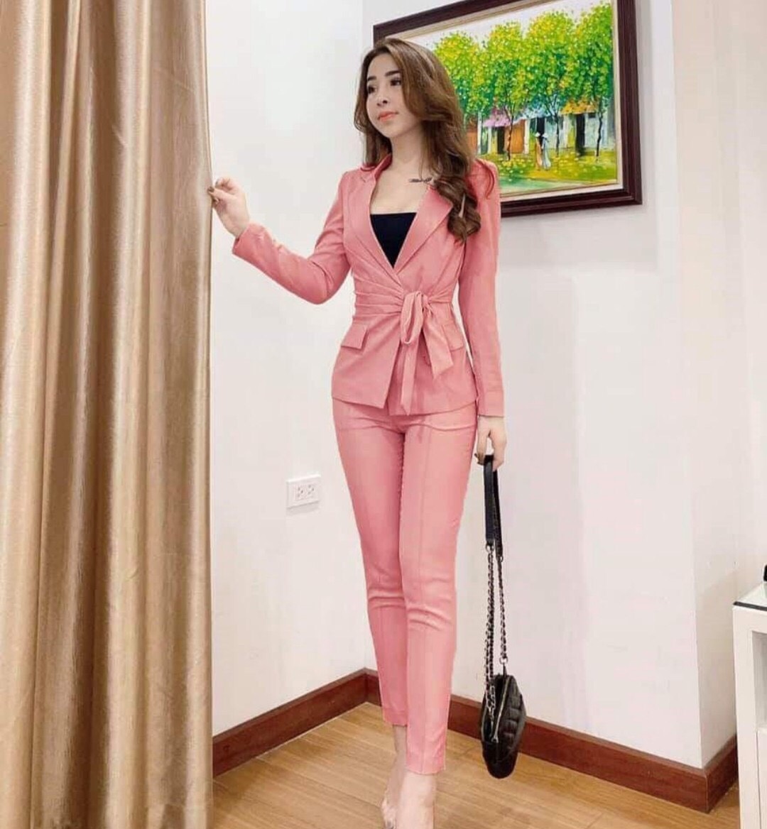 [HCM]Sét vest nữ 3 món áo vest xếp li cột nơ eo+quần dài+áo thun