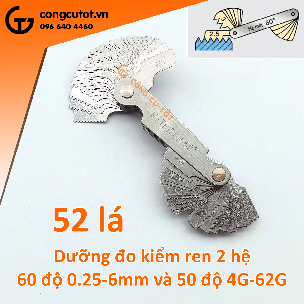 Bộ thước dưỡng đo ren 52 lá - thước đo taro tạo ren 60° 0.25mm-6.0mm và 55° 4g-62g