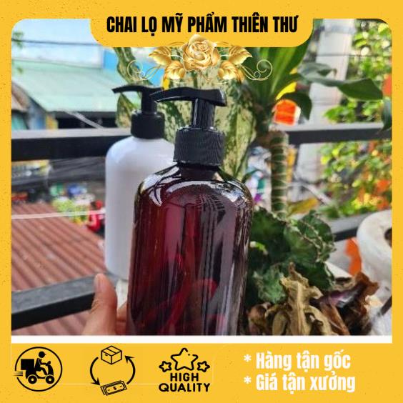 Chai nhựa pet vòi nhấn sữa tắm Nâu/Trắng Lùn 500ml chiết mỹ phẩm