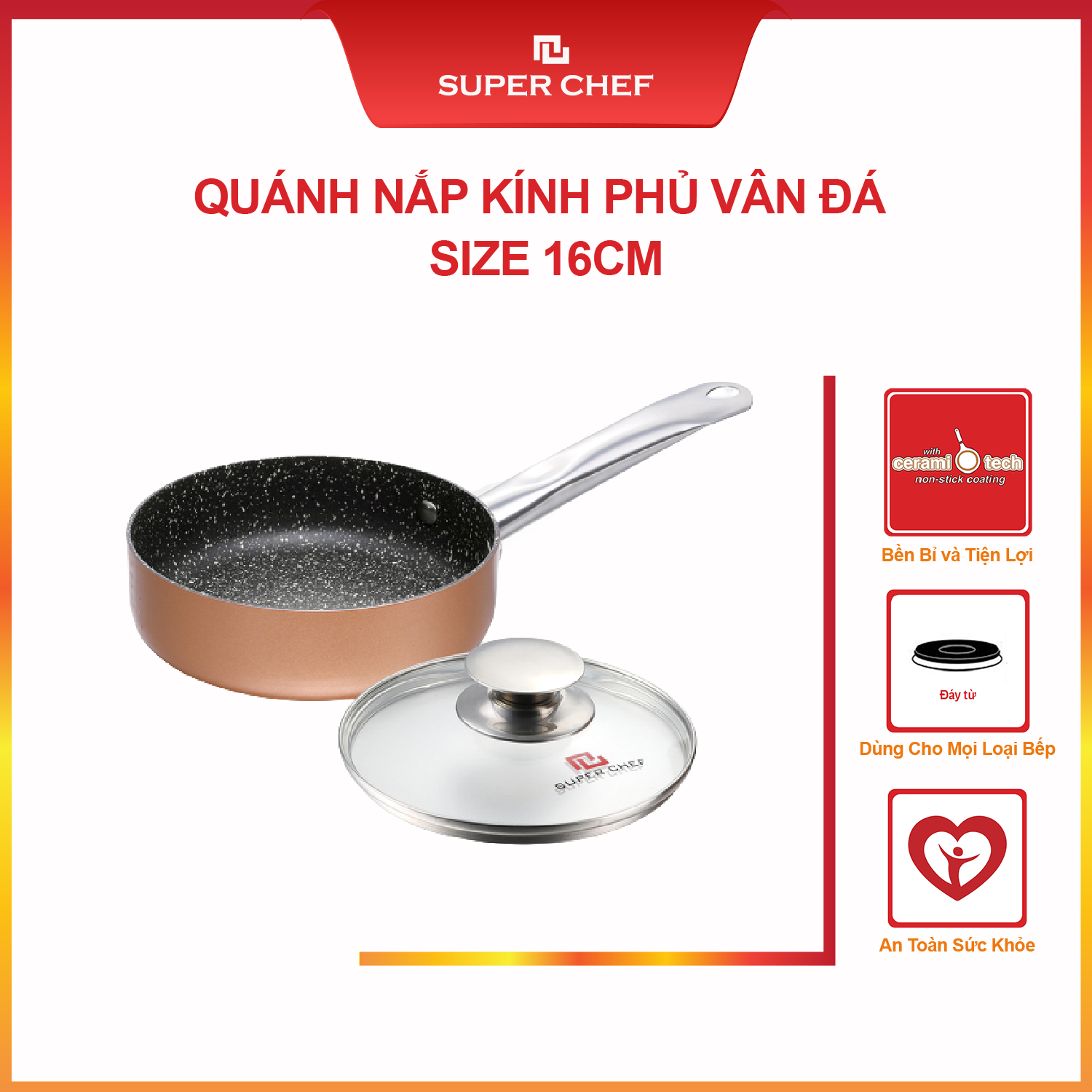 Nồi vân đá cán dài chống dính đáy từ super chef 16cm siêu bền kèm nắp kính
