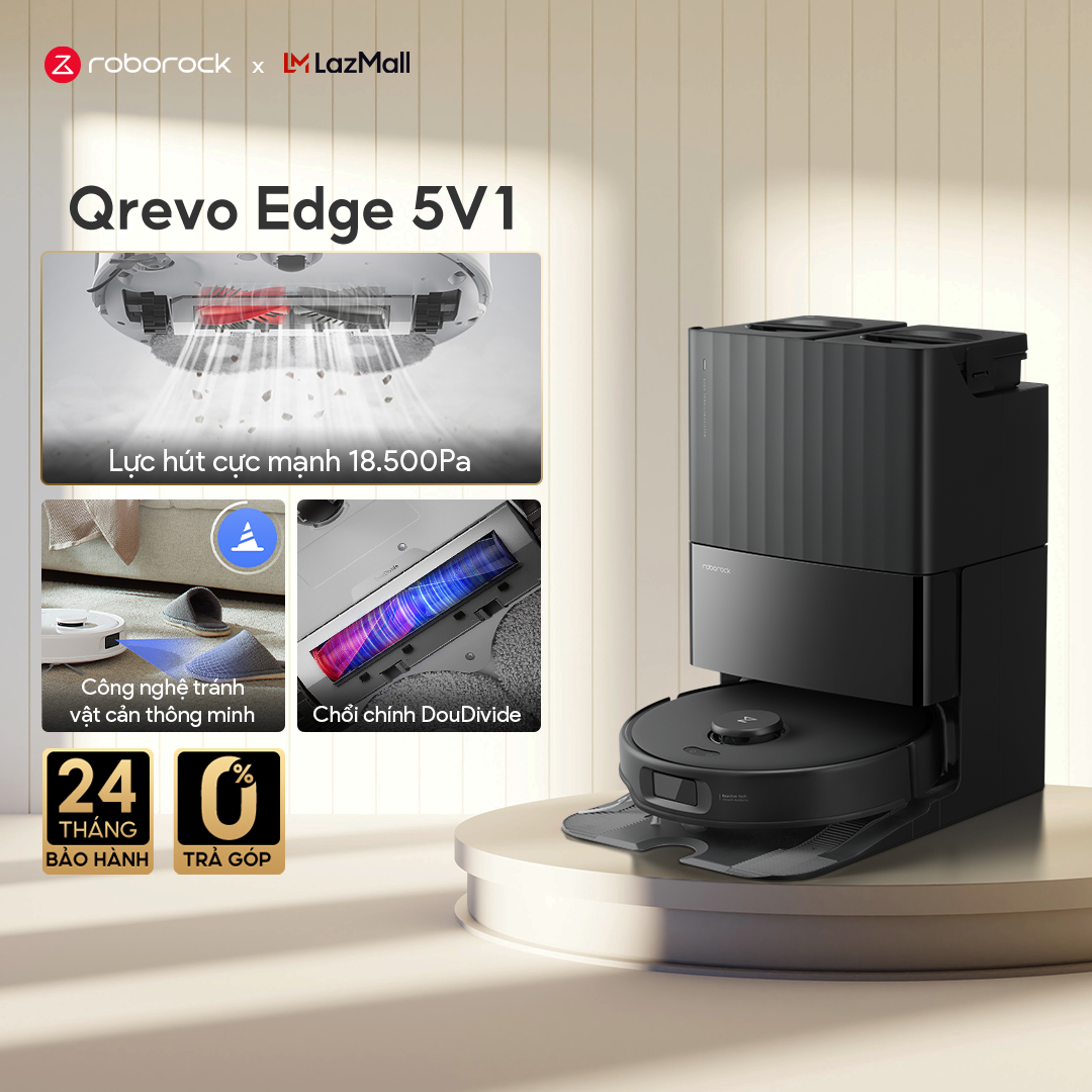  Roborock Qrevo Edge 5V1 robot hút bụi lau nhà | Lực hút 18500 Pa | Làm sạch góc cạnh chống rối tóc tự động giặt giẻ sấy khô | Hàng chính hãng | Phiên bản quốc tế | Bảo hành 2 năm 