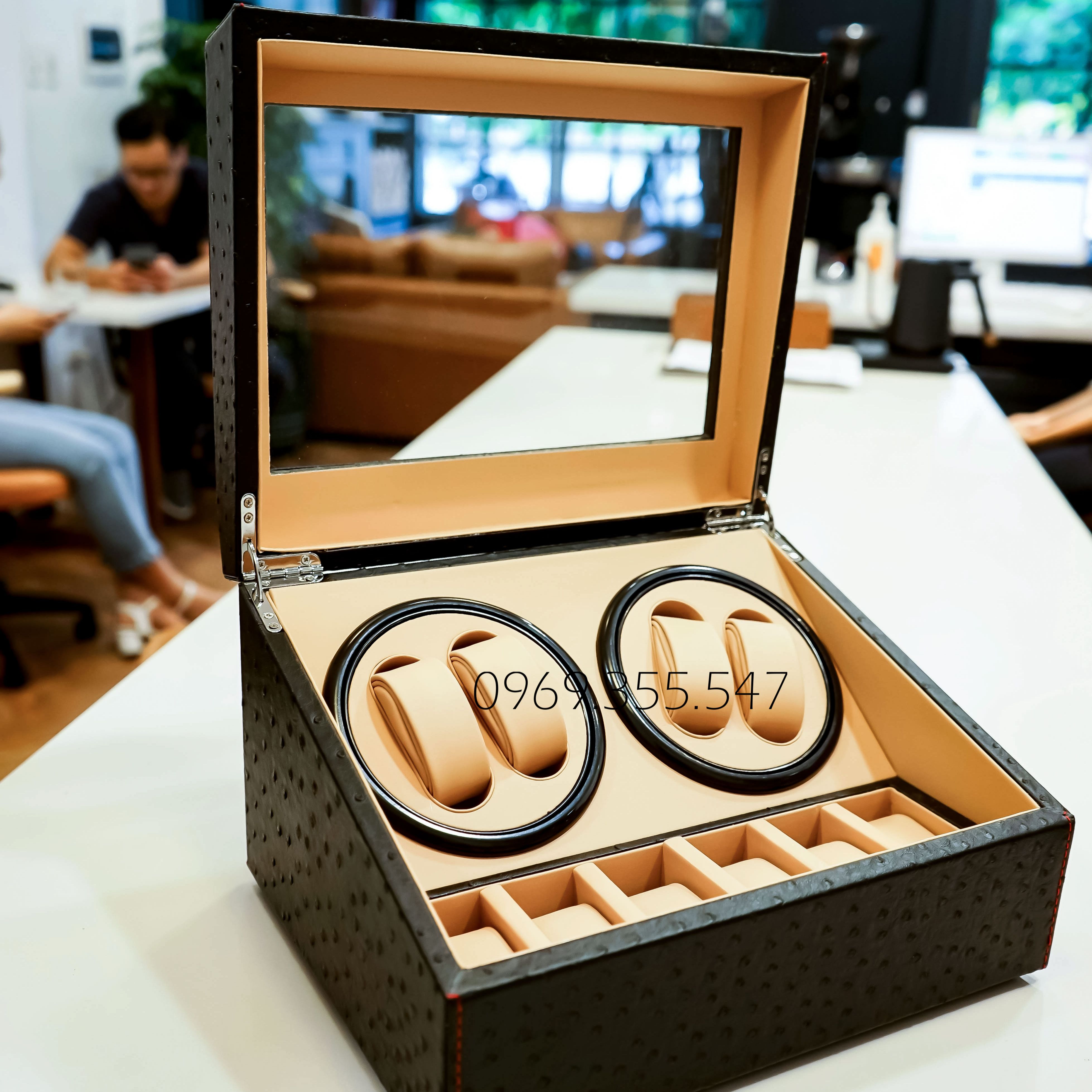Hộp xoay 4 trưng bày 6 đồng hồ da đà điểu - Hộp xoay lên cót đồng hồ tự động automatic