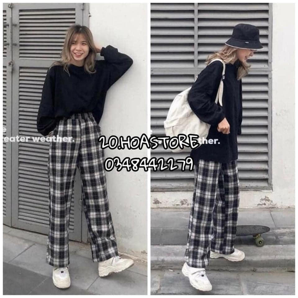 ( ẢNH THẬT) Quần ống rộng kẻ caro cạp chun màu đen hàn quốc ( TẶNG KÈM MÓC KHÓA 15K) , LEVERMART