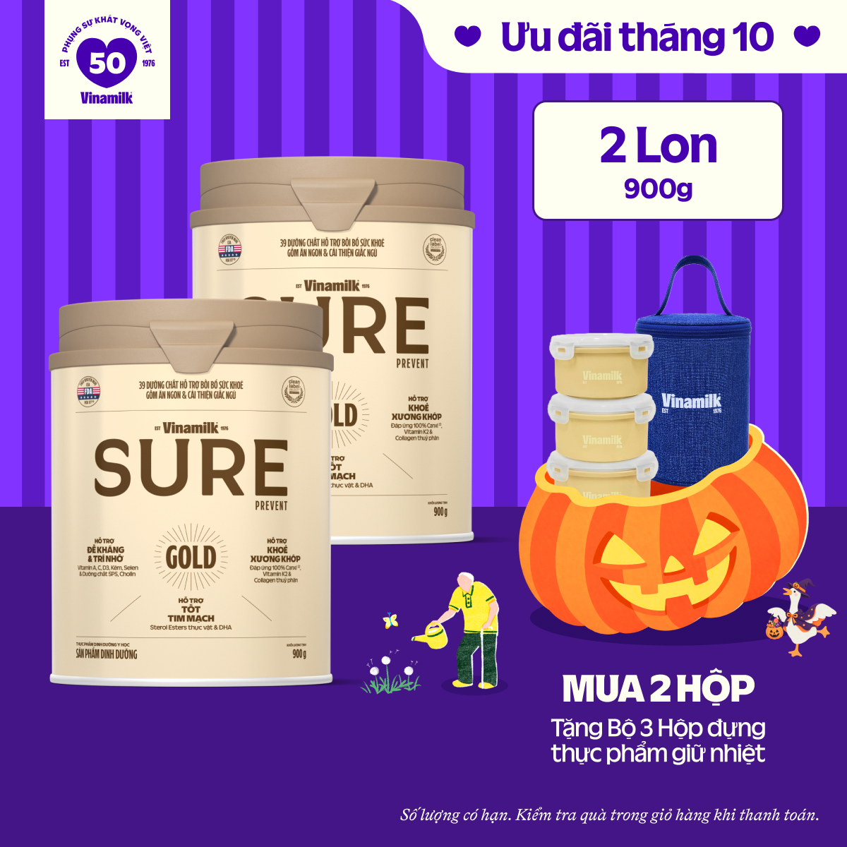 Combo 2 lon Sữa bột cho người lớn tuổi Vinamilk Sure Prevent 900g (Hộp thiếc)|
