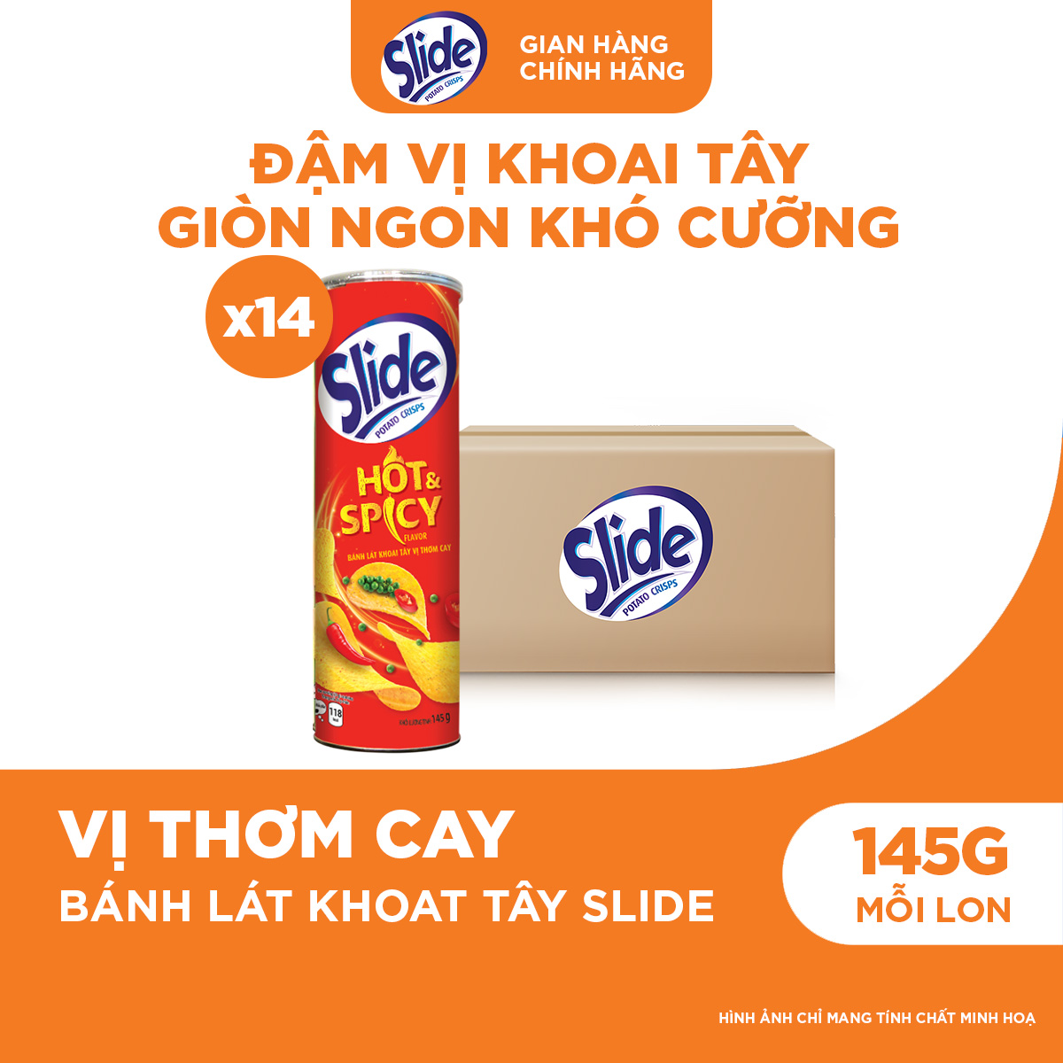 Thùng 14 Lon Bánh Lát Snack Khoai Tây Slide Vị Thơm Cay 145g