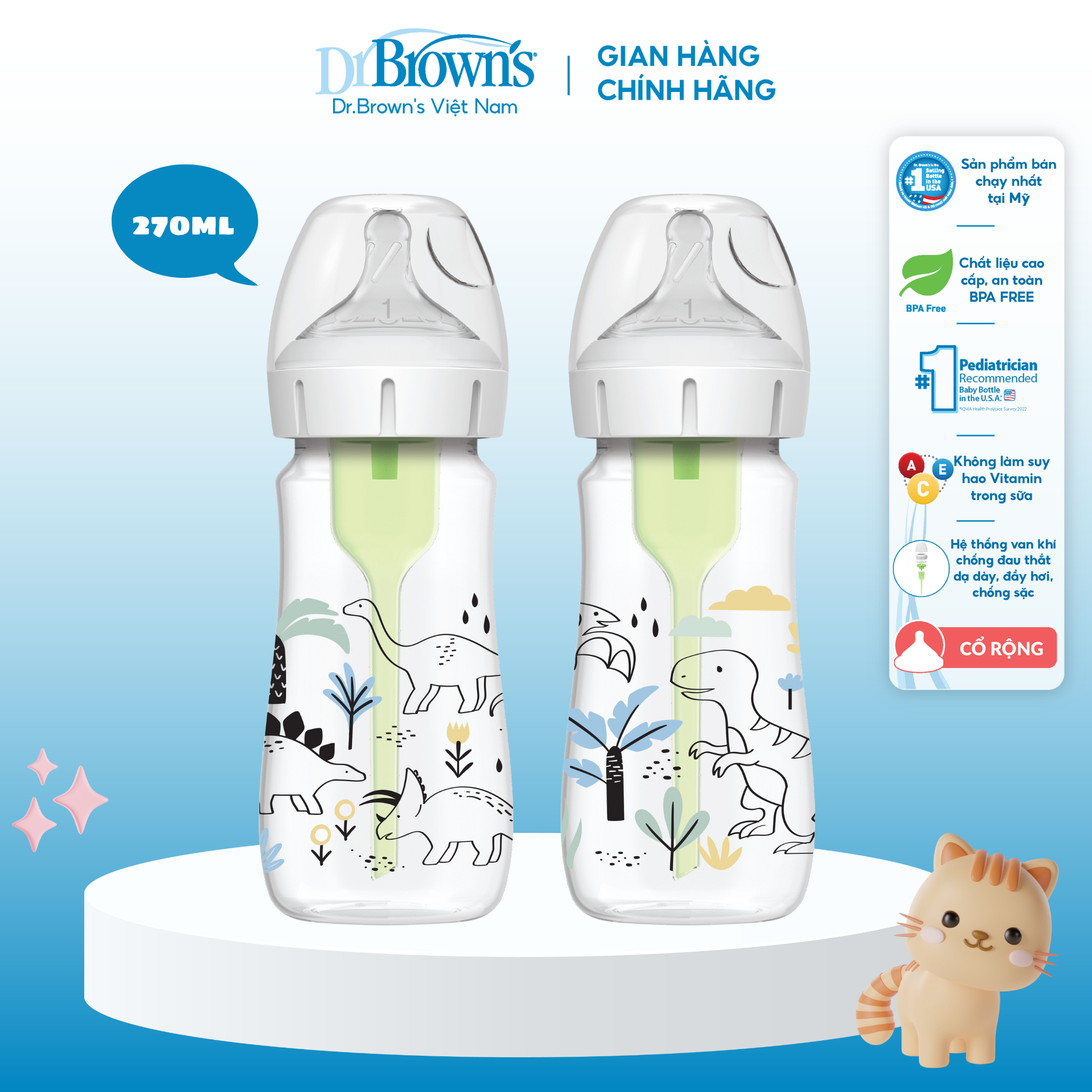 Bộ 2 bình sữa dr.brown’ cổ rộng 150ml và 270ml nhựa pp options plus