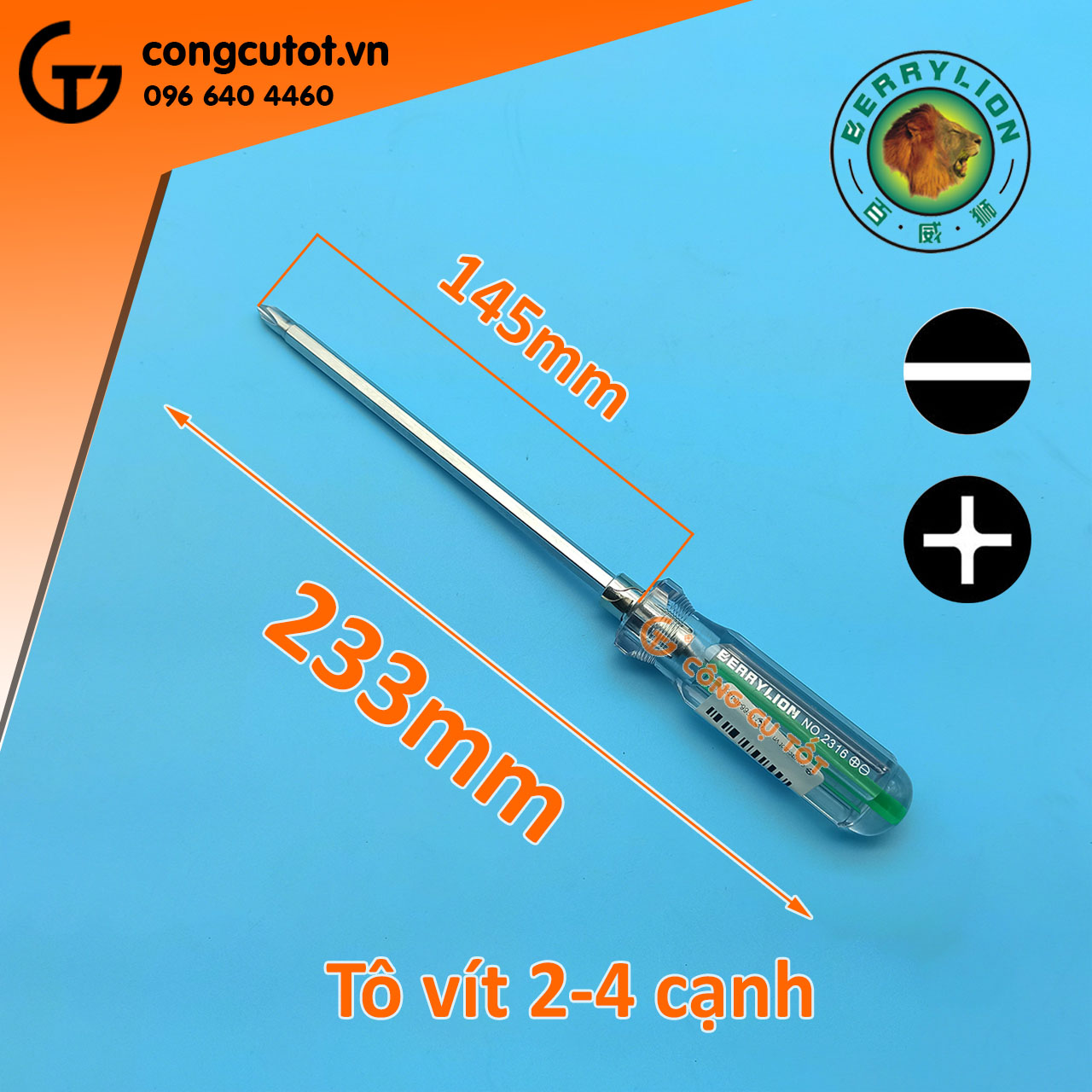 Tô vít 2 đầu Berrylion 2 cạnh - 4 cạnh Φ6mm cán sọc trong