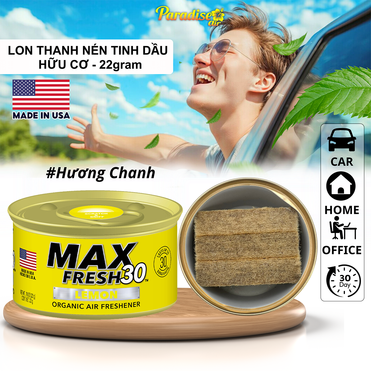  Lon Thanh Nén Tinh Dầu Nước Hoa Nam Tính PARADISE AIR 22g Lưu Hương 30 ngày Nhập Khẩu Hoa Kỳ Sáp thơm ô tô cao cấp 