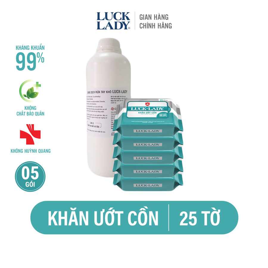 Combo 5 gói khăn ướt cồn Luck Lady 25 tờ + 1 chai nước rửa tay khô 1 lít