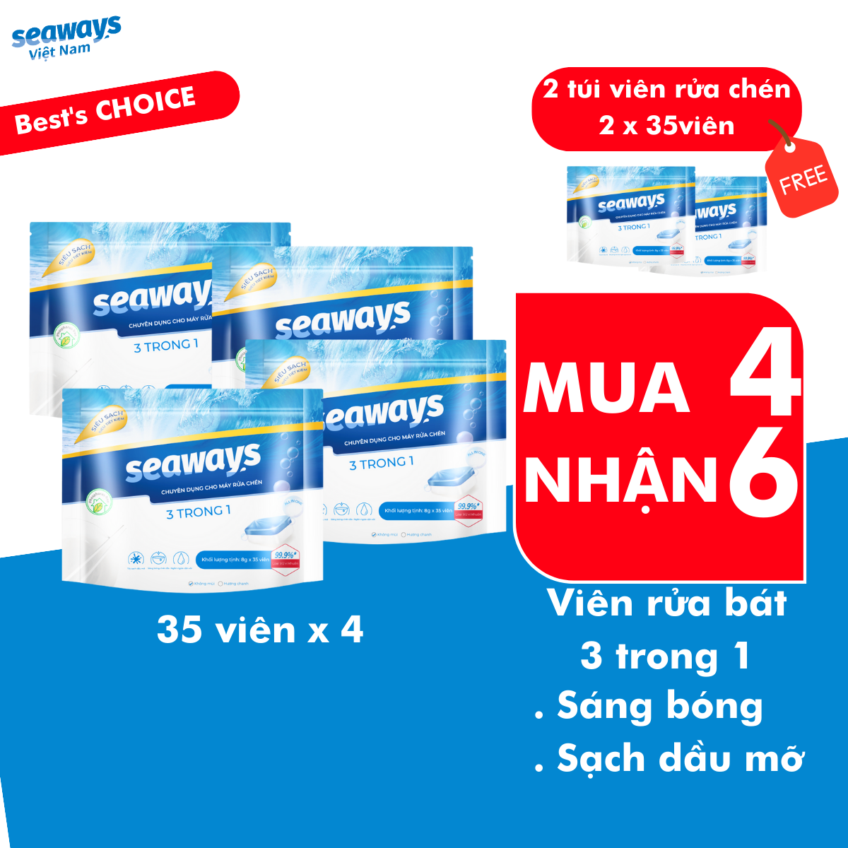 Viên rửa chén bát enzyme sinh học seaways 3 trong 1 - dành cho mọi loại máy rửa chén bát