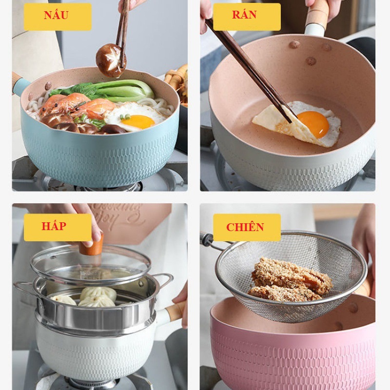 Chảo sâu lòng chống dính kiểu Nhật Bản cao cấp vân đá hoa cương mini dùng cho bếp điện từ bếp hồng ngoại bếp ga