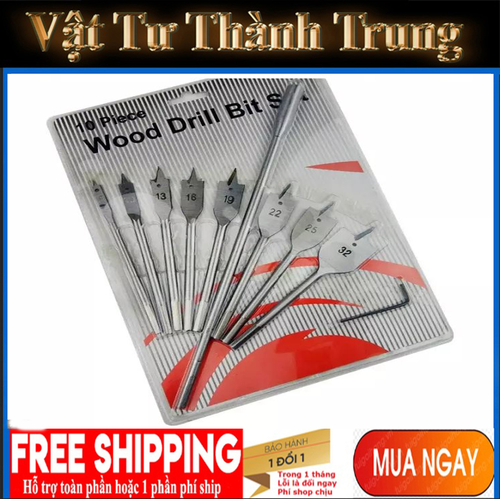 Bộ mũi khoan gỗ,mũi khoét đuôi cá 10 chi tiết có thanh nối dài 6-32mm - Mũi khoan gỗ,mũi khoét gỗ đa năng