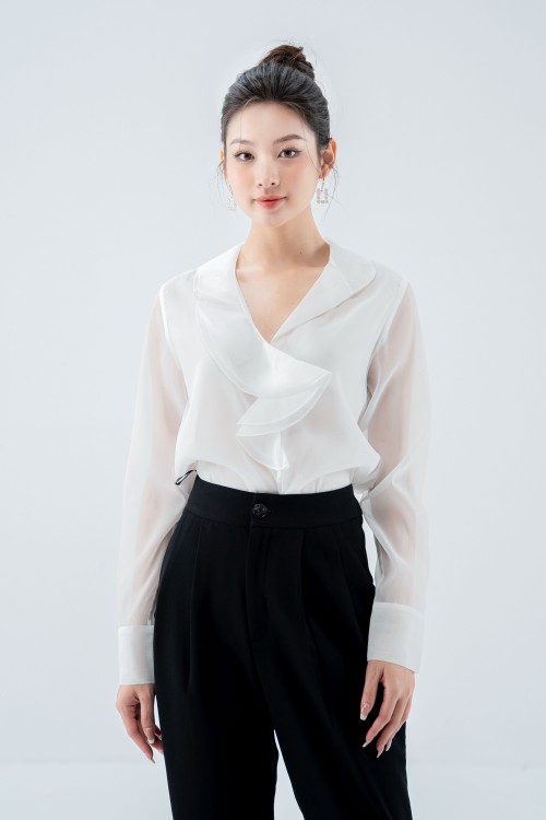 Áo sơ mi nữ trắng cổ v phối bèo sixdo