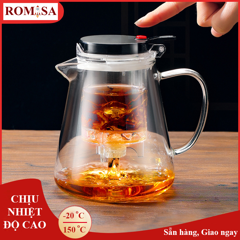 Bình pha trà thủy tinh chịu nhiệt, Ấm pha trà thủy tinh, Ấm pha trà văn phòng có Bộ lọc trà và Nút ấn, Dung tích 750ml,1000ml
