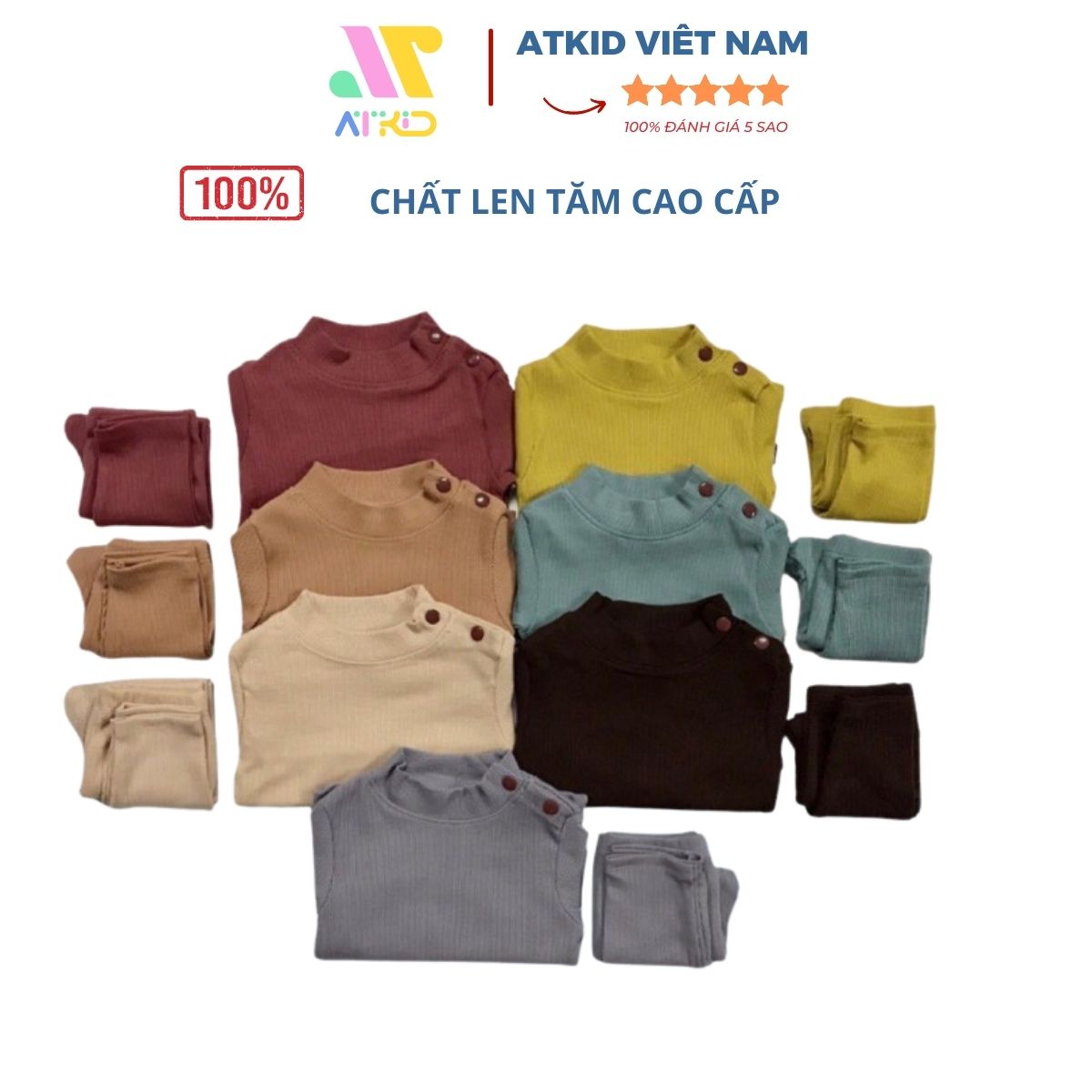 Bộ len tăm dài tay cho bé, đồ thu đông cho bé trai bé gái Minky mom, bộ len tăm cổ lọ cài khuy cho bé ATKID
