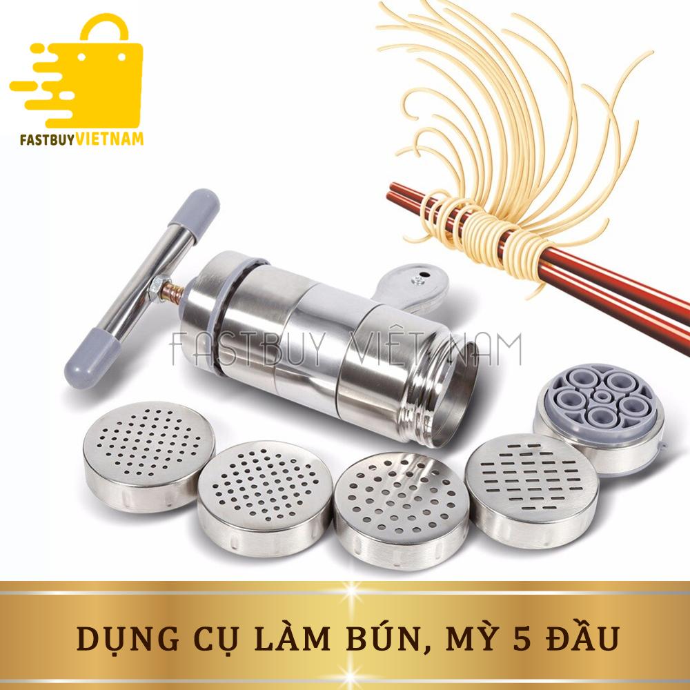 Dụng cụ làm bún mì tươi 5 đầu inox cao cấp, khuôn  ép làm bún tươi, mỳ sợi, mì nui mini 5 đầu cắt inox cho nhà bếp gia đình