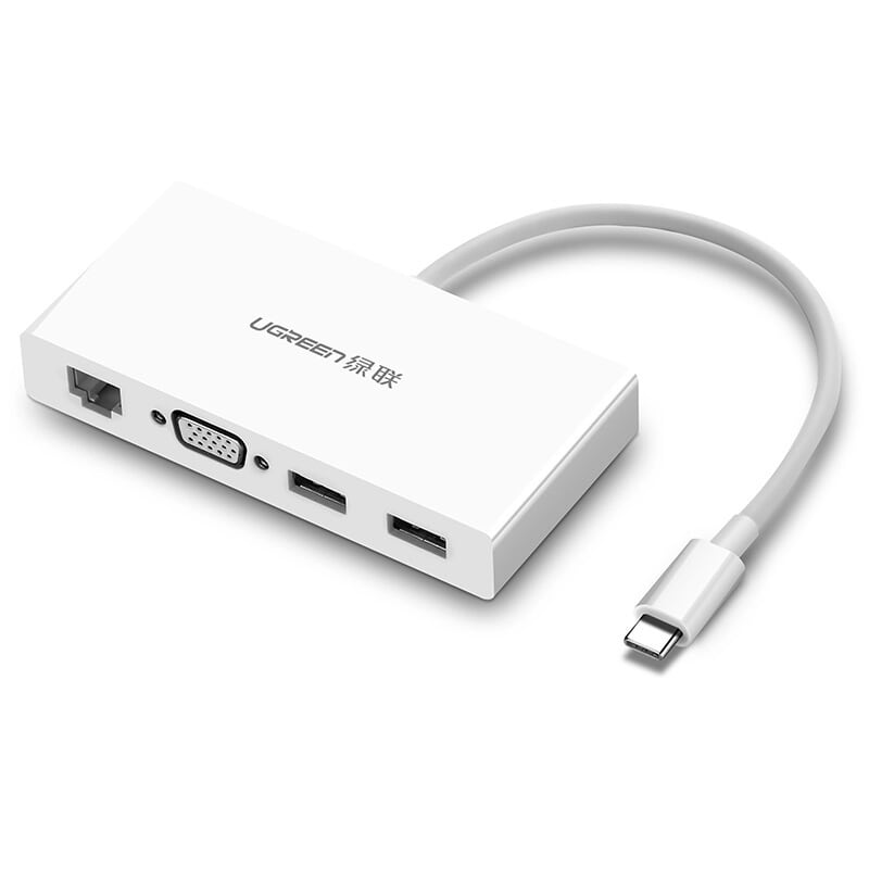 Ugreen 40378 15cm màu trắng bộ chuyển đổi type c sang 2 usb 3.0 + vga + lan bọc nhựa abs mm135
