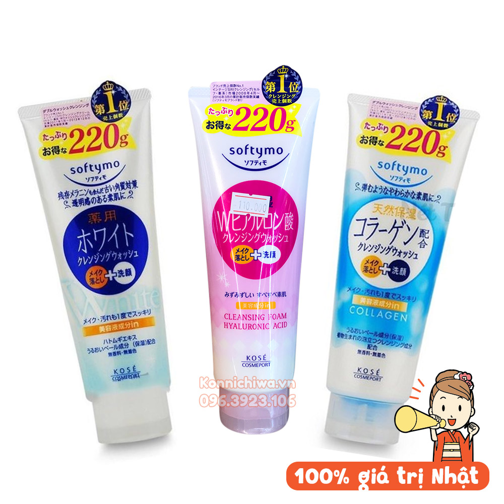 [Mẫu MỚI-Ảnh THẬT] Sữa Rửa Mặt KOSÉ Softymo Cleansing Foam tuýp 220g | Sữa rửa mặt Nhật Bản dưỡng trắng, giữ ẩm, bổ sung collagen chống lão hóa