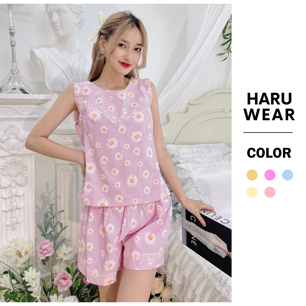 Đồ bộ sát nách nữ quần ngắn mặc nhà haruwear vải cotton hồng mêm mịn n002ho.1