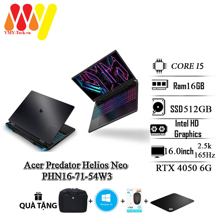 Laptop Acer Predator Helios Neo PHN16-71-54W3, i5-13500Hx, Ram 16GB, SSD 512GB, RTX 4050 6GB, 16inch 2.5K 165Hz Led RGB, tặng kèm bộ quà tặng cao cấp