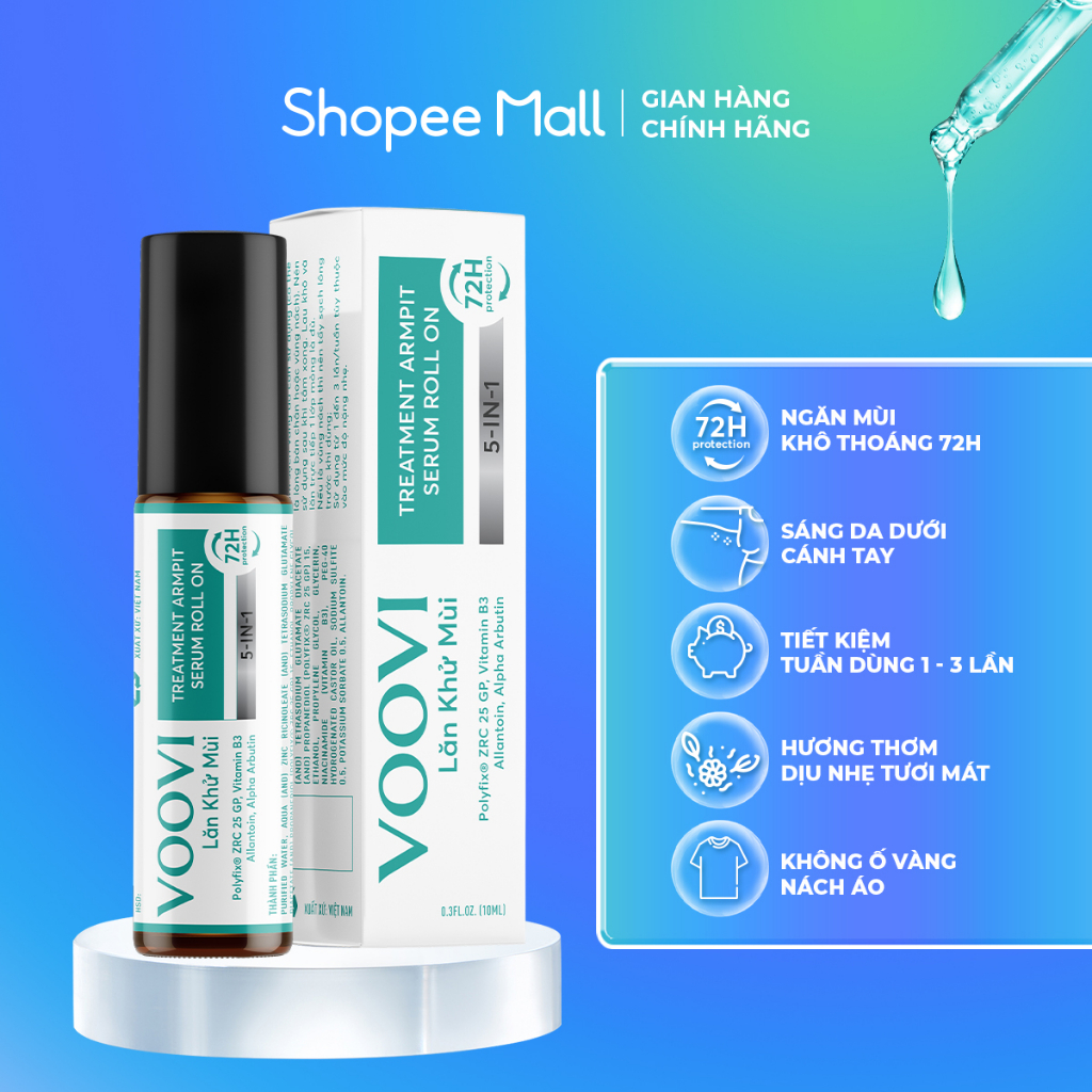  Lăn khử mùi VOOVI lăn nách ngăn mùi hôi nách 72h không làm ố quần áo làm sáng vùng da dưới cánh tay 10ml 