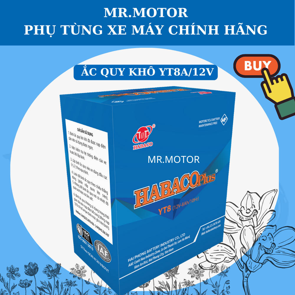 Bình ắc quy miễn bảo dưỡng Habaco YT8A 12V-8A cho xe Dylan, Sh, @, Lead 110, SCR, Libetty I,E Mới 100%