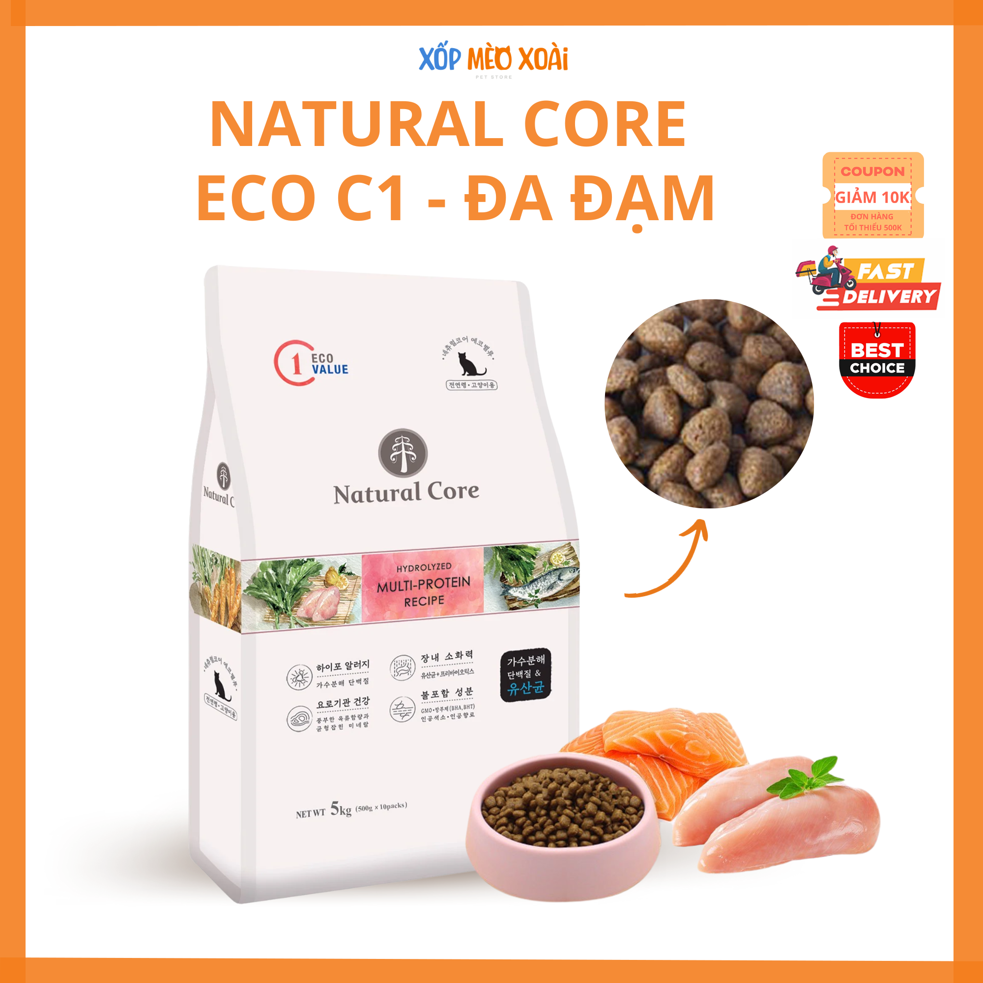 Thức ăn hạt hữu cơ đa đạm cho mèo Natural Core C1 - Protein chất lượng cao - Hạt cho mèo mọi lứa tuổi 5kg