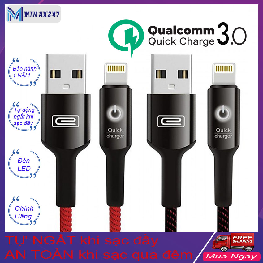 [HCM]Cáp Sạc lightning  cáp sạc nhanh tự ngắt thông minh  Cáp sạc nhanh quick charge 3.0  cáp sạc iphone tự ngắt khi sạc đầy pin  Có chip bảo vệ an toàn khi sạc qua đêm ( khi đầy pin cáp tự ngắt hoàn toàn ) MIMAX247