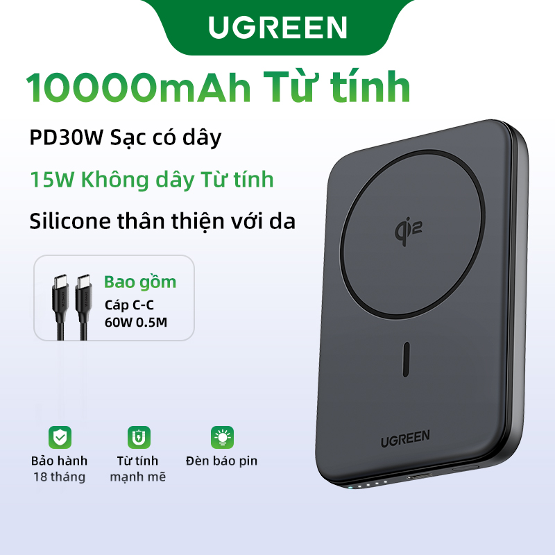  UGREEN Sạc pin dự phòng 10000mAh Power Bank Từ tính Qi2 15W +PD 30W USB Type C Portable Sạc nhanh Charger cho iPhone 16 15 14 Pro Max Samsung S24 Ultra Model:45763 