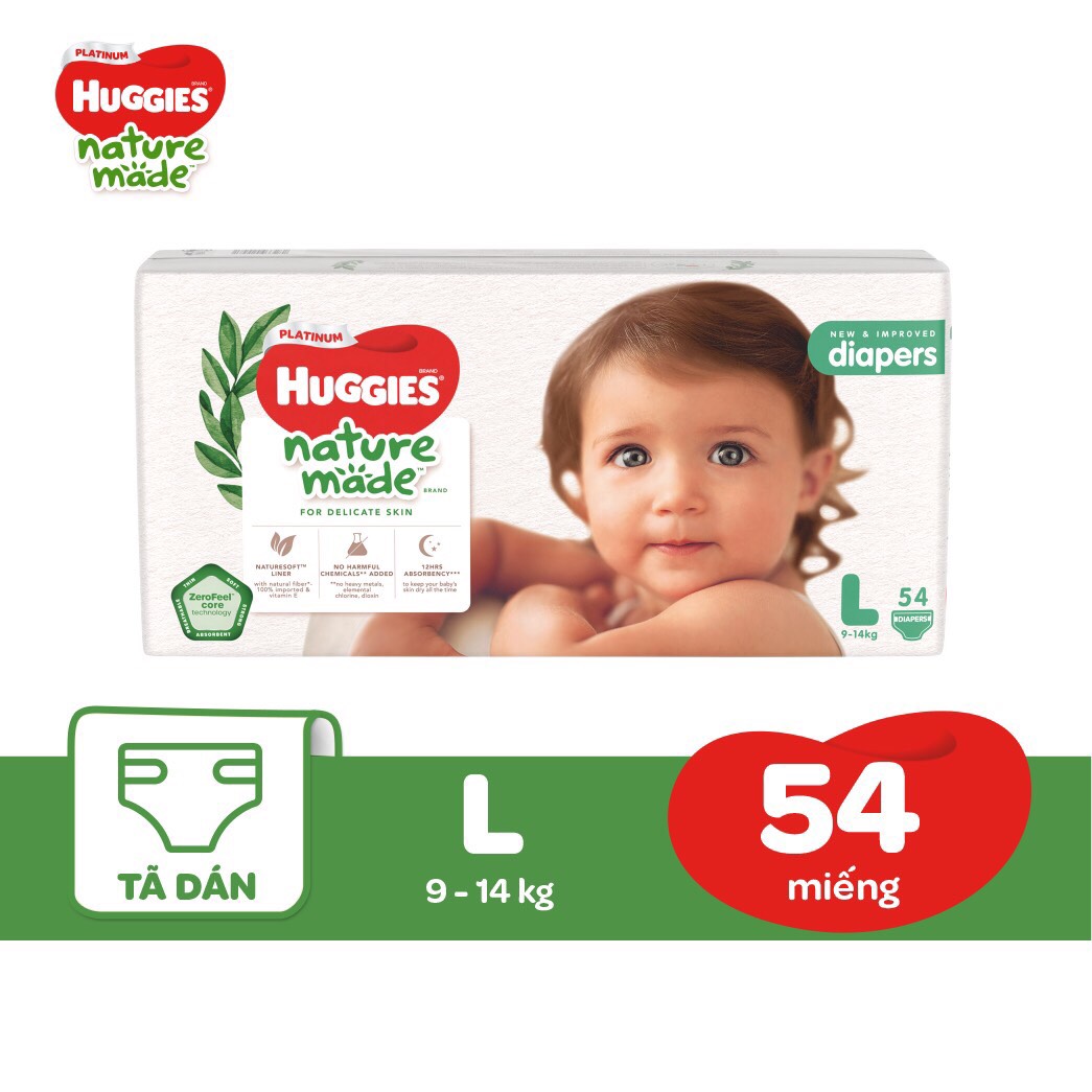 Tả dán/tả quần CHÍNH HÃNG Huggies Platinum Nature Made size L Dành cho trẻ từ 9 đến 14kg