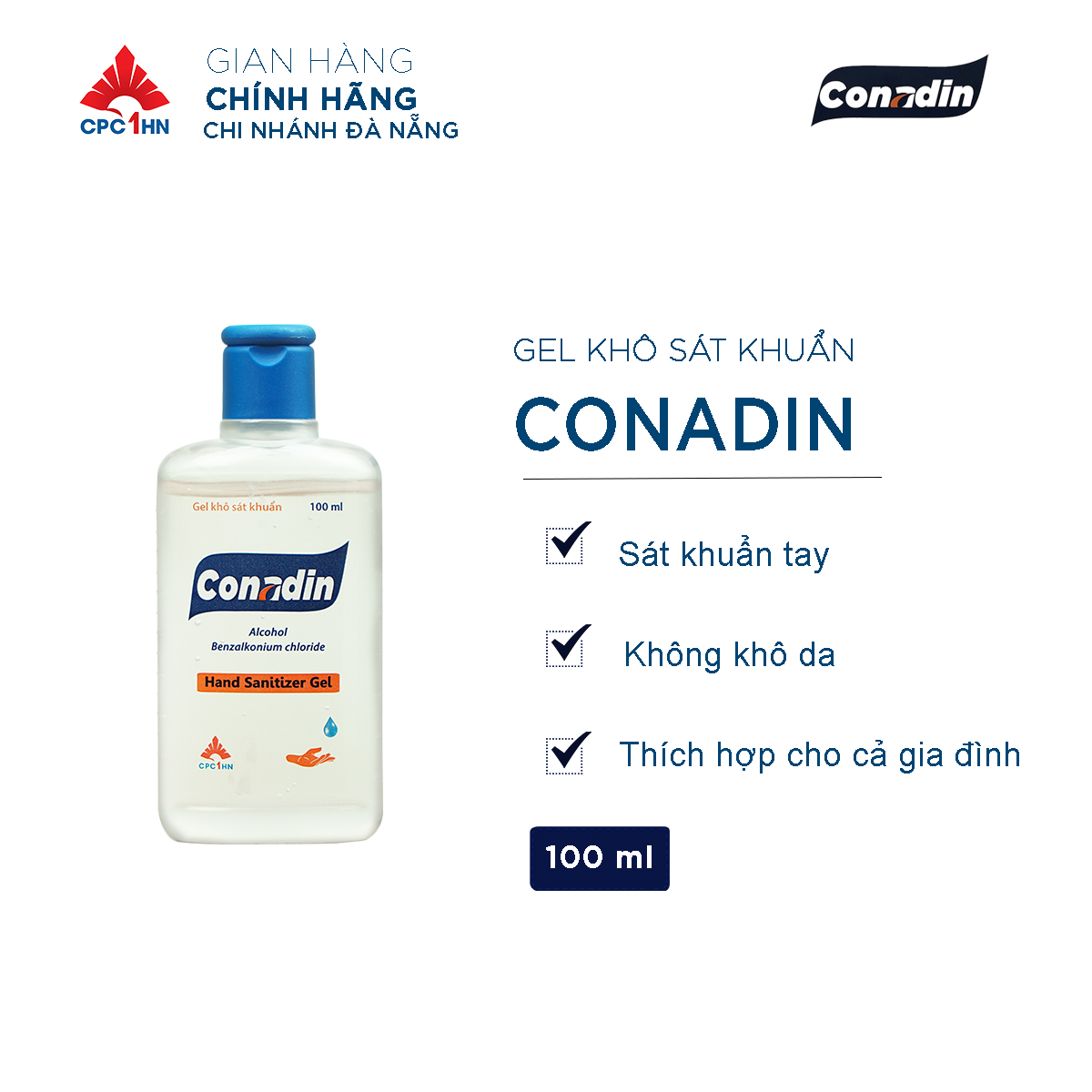Gel rửa tay conadin diệt khuẩn vi khuẩn - virus, chai 100ml